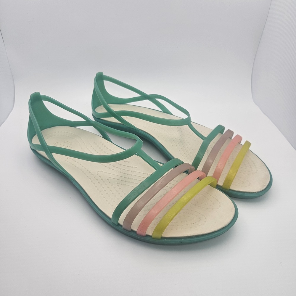 Crocs Isabella Sandals Womens Size 10 Green Strappy T-Strap Flats Jelly Shoes